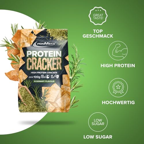 IronMaxx Protein Cracker - Rosemary 100g | Knuspriger und zuckerarmer Snack mit 21% Eiweiß | Gebacken und nicht frittiert
