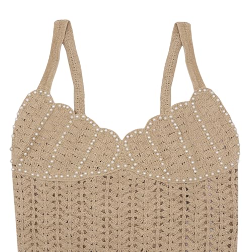 Women's Crochet Knit Mini Dress Spaghetti Straps Pearl Sheel V Neck Bikini Ruffle Hem Beach Dresses Coverups3