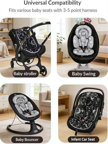 Image of Tinlyfinly Infant Car Seat Insert with Removable Cushion for Preemie to Toddler, Reversible Newborn Carseat Insert for Baby Head Body Support, Fits for Stroller, Baby Swing, Bouncer (Black Star)