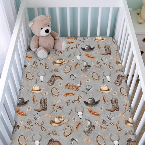Image of Cowboy Life Baby Crib Sheets for Boy Girl 52 inchx28 inch Retro Cowboy Hats Boots Horse Cow Skull Soft Breathable Crib Mattress Covers Country Western Baby Sheet for Standard Crib and Toddler Bed Mattresses