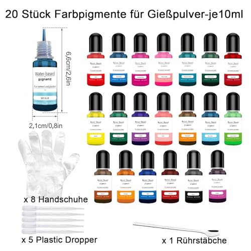 Altaroo 20 Stück Farbpigmente für Gießpulver 10ml, Farbe mit Rührstäbche, Plastic Dropper und Handschuhe, Farbe für Gießpulver Pigment auf Wasserbasis für Betonfarbe, Gips, Zementfarbe