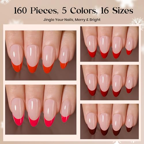 Image of Beetles X Press Red French Tip Nails - Fierce French | 5 Colors Press On Nails Medium Almond | 16 Sizes 160 Pcs Natural Salon Quality