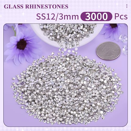 Image of 3000PCS SS12 /3mm Crystal Glass Rhinestones for Bedazzling (Clear) | Flatback Rhinestones for Crafting DIY Nail Art Makeup Decoration, Gems Diomand Charms for Tumbler Shoes Clothing Mug
