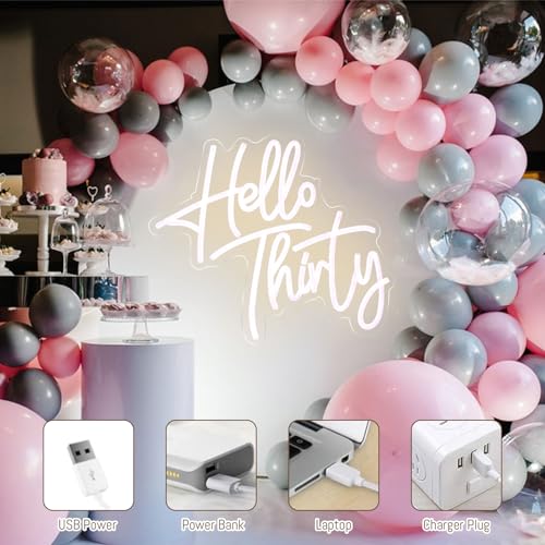 Image of Hello Thirty Neon Sign, LED Neon Signs for Thirty Birthday Anniversary Backdrop, 30th Birthday Party Decor Favors Neon Lights for Couple Anniversary and Birthday Party Decoration