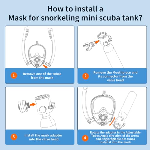 Tanque portátil para pulmón, tanque mini de buceo con máscara facial completa, 0.5L 3000 PSI dispositivo de respiración subacuática, 6-10 minutos para esnórquel, kit completo con adaptador y bomba de aire miniatura 5