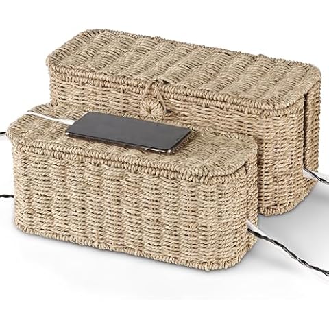 BLUEWEST 2-Pack Large Cable Management Box, Natural Rattan Cable Cord Organizer Boxes for Power Strip – 2 Open Slots Cords Hider Box for TV Wires, Computer, Router, USB Hub and Under Desk Power Strip Cover