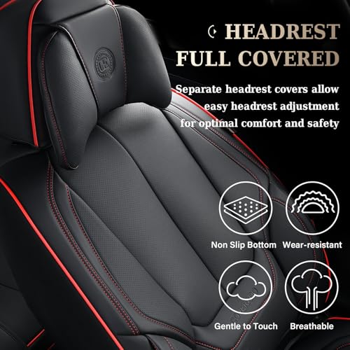 Image of Coverado Universal Seat Covers Front, 2-Pack Universal Seat Covers for Cars, Waterproof Nappa Leather Car Seat Covers with Head Pillow, Auto Protectors Fit for Most Sedans Pick-up Truck-Black&Redline