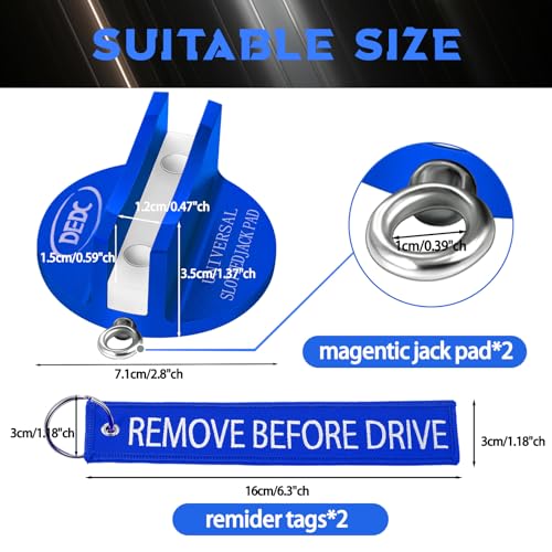 Image of DEDC Universal Pinch Weld Jack Pad 2 Pcs Blue, Magnetic Aluminum Jacking Puck Frame Rail Protecotr with 2 Reminder Streamers, Garage Accessories for Mechanics