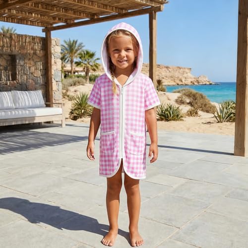 Image of Girls Boys Hooded Terry Coverups One Piece Swimsuits Summer Striped Trim Zip Up Short Sleeve Swim Cover Up Beachwear