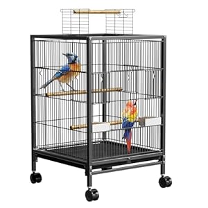 HENGMEI Papageienkäfig Vogelvoliere Vogelkäfig Vogelhaus Käfig Voliere kanarienvögelkäfig mit Rollen Schwarz 46x46x91cm (mit Offenem Dach)