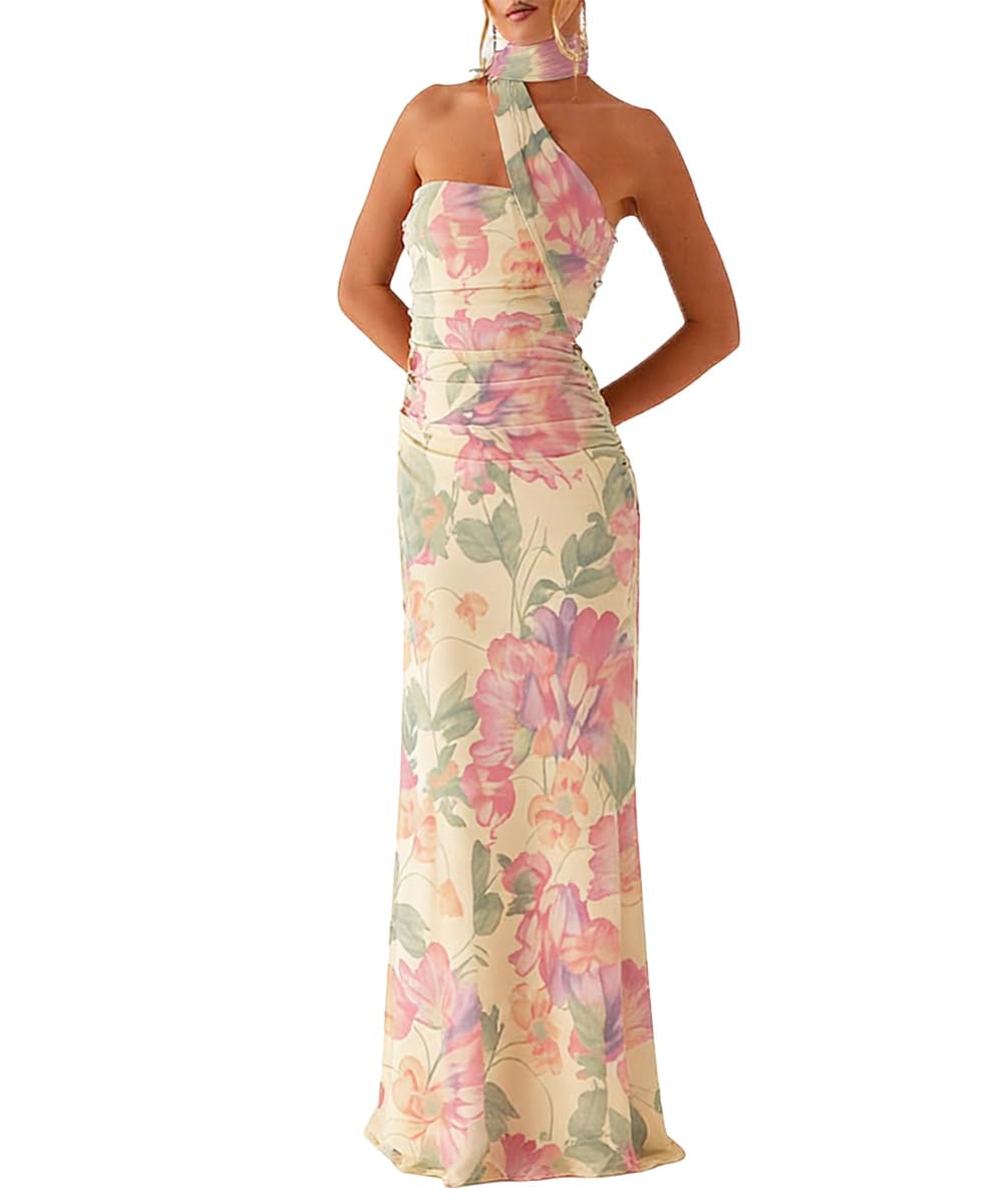 Women Strapless Tube Scarf Floral Maxi Dress Elegant Summer Ruched Prom Cocktail Party Dress Wedding Guest Dress Small Pink