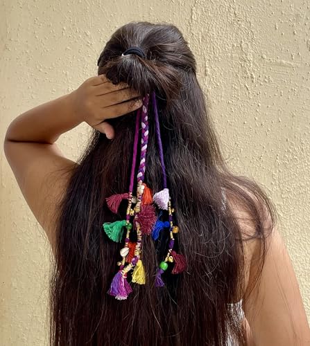 Image of Zippy Flora Boho Handmade Colorful Hair Strings for Navratri /Ethnic Look /Bohemian Styling, Colorful Braided Hairband, Thread Hair Accessories & Extensions (Shoulder Length (12-14 inch), Purple)