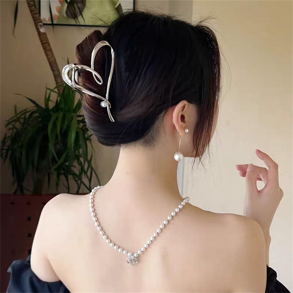 Yangzerang Pearl Heart Hair Claws - Silver Tone Metal Heart Love Hair Clips with Strong Hold for Women & Girls - Image 4