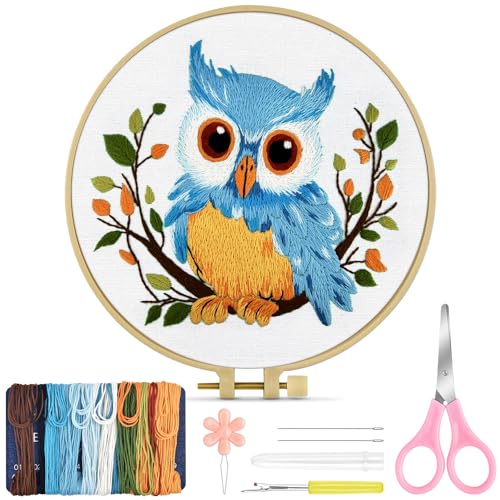 Image of TINDTOP Embroidery Kit for Beginners Adult, Owl Embroidery Kit | Include Embroidery Cloth Hoops Threads for Craft Lover Hand Stitch with Embroidery Skill Techniques