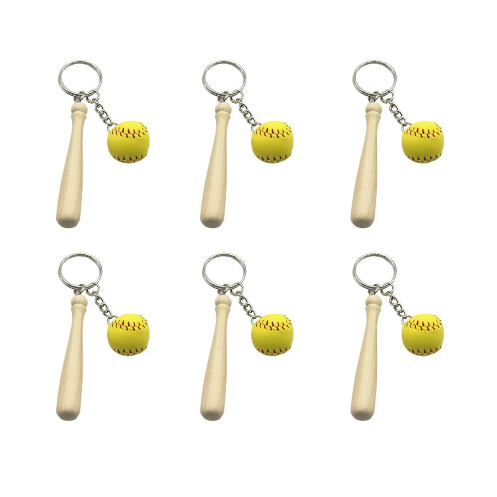 UUYYEO 6 Pcs Softball Keychain Mini Baseball Keyring Wooden Bat Key Chains Baseball Party Souvenir Favor for Sports Team Yellow