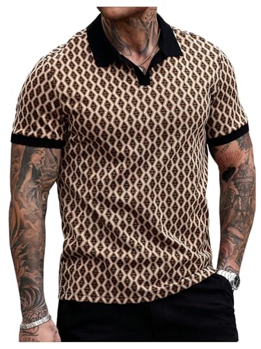 Verdusa Men's Geo Knitted Golf Shirts Short Sleeve Button Front Casual Collared Shirts