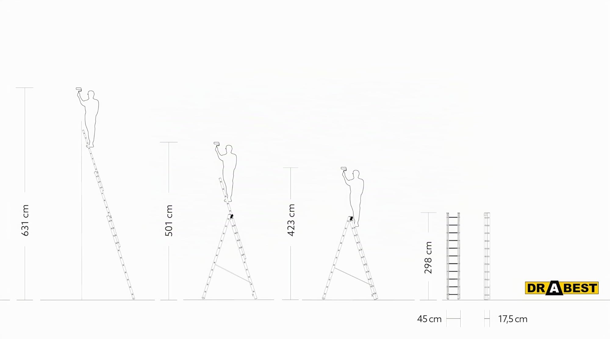 DRABEST Leiter PRO Serie Aluleiter 3-teilig Mehrzweckleiter 3x11 Stufen bis 150 kg Arbeitshöhe 6,31 m inkl. Eimerhaken