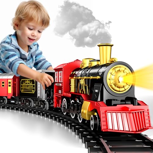 Doloowee Train Sets, Train Toy for 3 4 5 6 7 8 Year Old Boys Girls, Vintage Steam Train with Light & Sounds, Alloy Locomotive, 5 Carriages, 20PCS Track Accessories