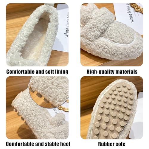 Women's Warm Faux Fur Slippers, Cozy Indoor/Outdoor Slip On Loafers, Plush Curled Edge House Slippers (White, 8.5)3