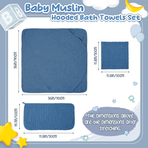 Image of Breling 6 Pcs Muslin Hooded Baby Bath Towel, Hand Towels and Washcloth Set, 36 inchx 36 inch Cotton Newborn Bath Towel Cotton Absorbent Blanket Unisex Newborn Gift Essentials for Girl Boy (Blue,Grey)