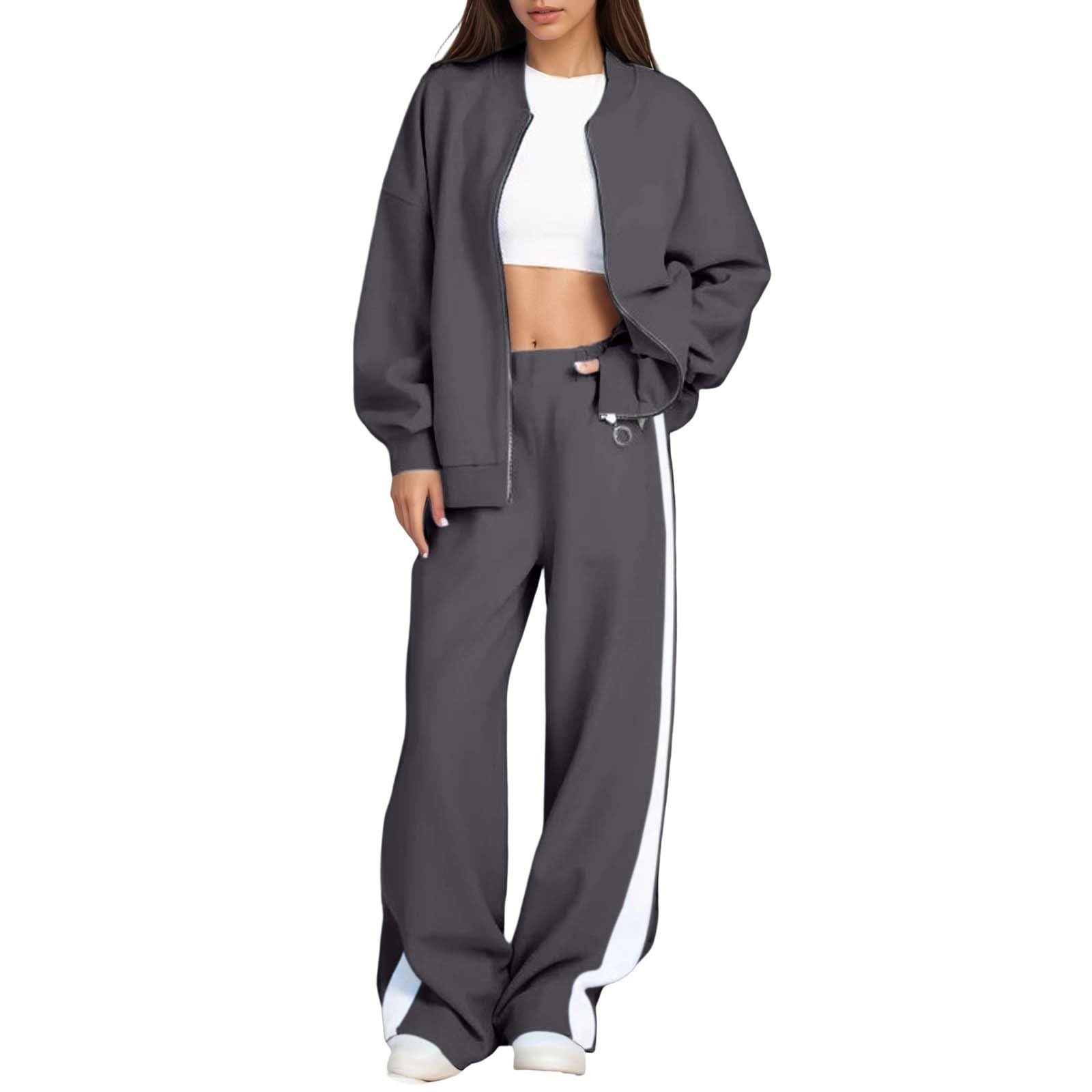 Generico Giacca Donna Scollo Tondo Felpa Pantaloni Dritti Moderno Confortevole Capospalla Giubbino Casual (Grey, 3XL)