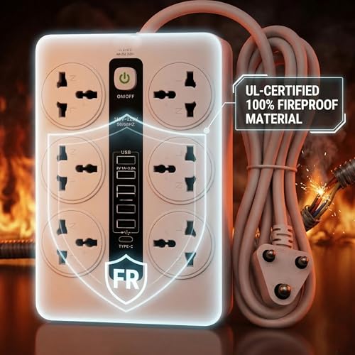 Image of MD Proelectra Premium Strong Extension Board with 6 Universal Sockets, 5 USB Ports, 1 Type-C, 2500W Power Strip with LED Display and Master Switch, Multi Plug Board for Home & Office