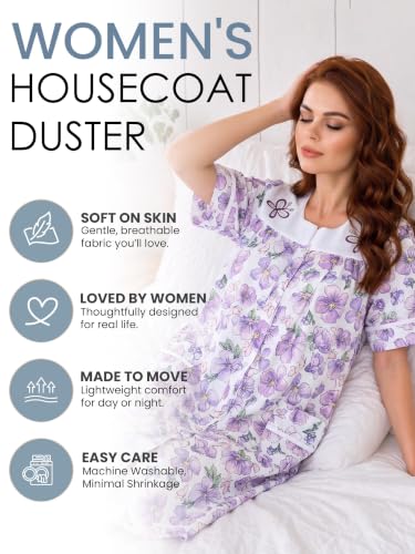 Image of Casual Nights Women's Snap - Front House Dress Short Sleeve Woven Housecoat Duster Lounger Robe with Pockets