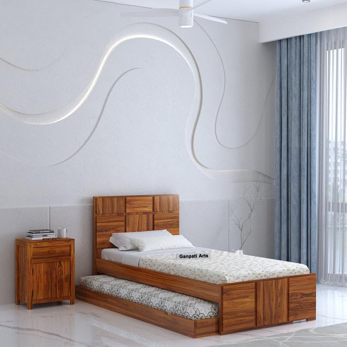 Ganpati Arts Solid Sheesham Wood Scott Single Size Trundle Bed with 1 Extra Pullout Bed Wooden Single Bed Without Storage for Bedroom Living Room Hostel Home (Natural Finish)