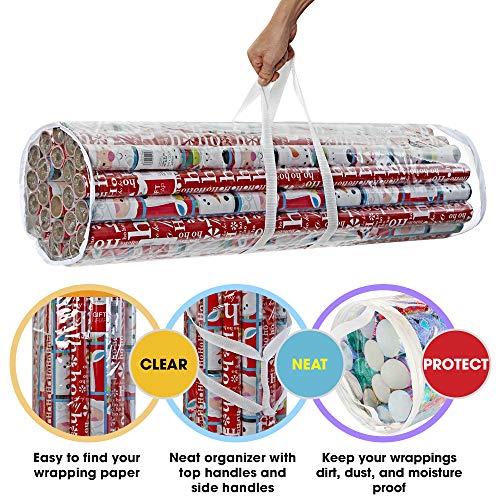 Propik Christmas Gift Wrap Organizer Clear, Fits 24 Rolls Of 40 Inch Long, Heavy Duty Pvc Wrapping Paper Storage Bag With Handles And Zippered Top, Underbed Tote Clear Tube Container (White Trimming) #TOP2