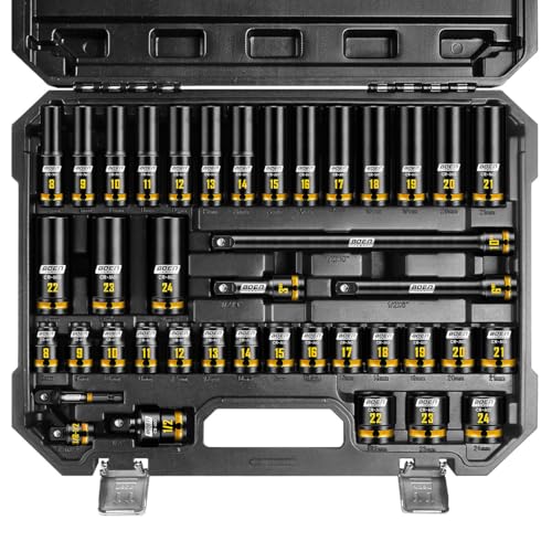 BOEN 40-Pieces 1/2" Drive Impact Socket Set, Metric (8-24mm) Deep & Shallow Socket, 6-Point Design, Yellow Embossed Marking, CR-MO Steel