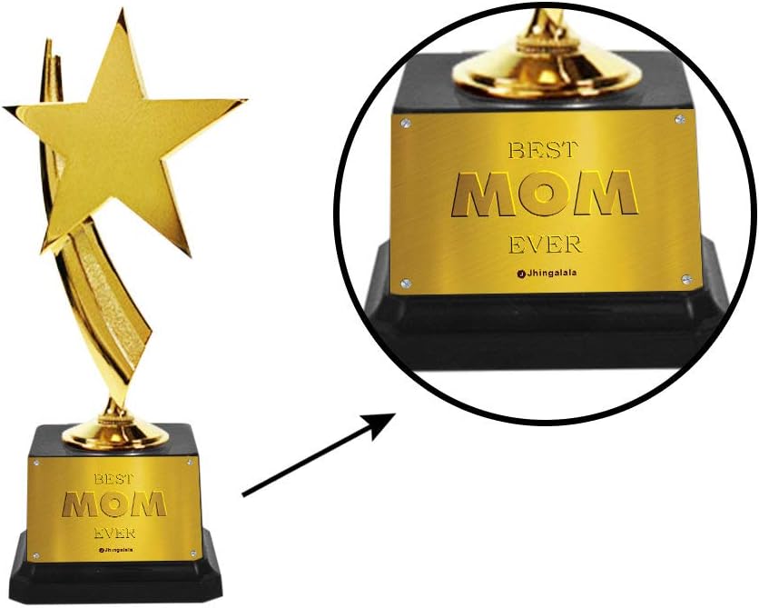 Jhingalala Best Mom Ever Printed Golden Alloy Award Trophy for Mom | Gift for Mother, Gift for Mom, Birthday Gift for Mom, Trophy for Best Mom, Gift for Mother's Day (Size: 9 x 6 x 21 cm)