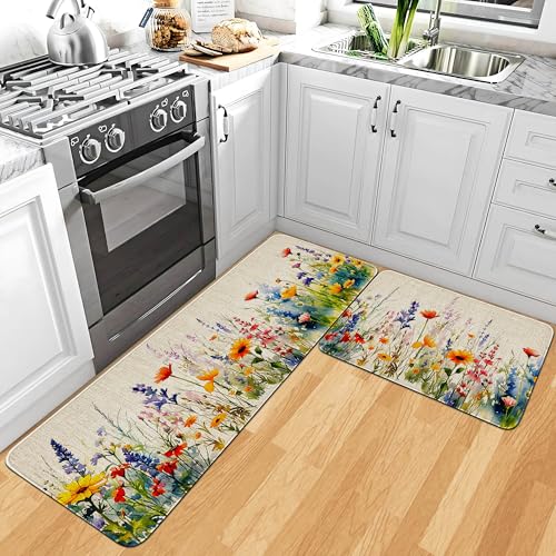 Trengaois Floral Elegance Kitchen Mat Set - 2 Piece Anti-Slip Linen Top Comfort Mats, 17