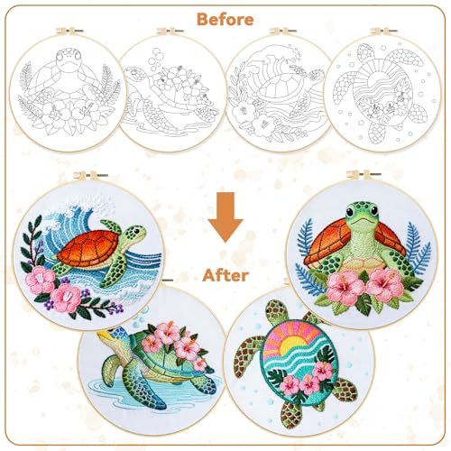 Image of BEUNITONE 4 Sets Sea Turtle Embroidery Kits for Beginners DIY Craft Kits for Adults with Printed Patterns, Hoops and Instructions, Hibiscus Flower Needlepoint Kits for Clothing and Home Decor