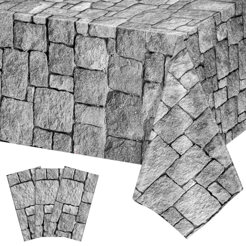 3 Pack Stone Wall Plastic Tablecloths, 54 x 108 Inch Medieval Castle Party Decorations Brick Stone Table Cloths for Rectangle Tables Waterproof Table Cover for Knight Birthday Castle Party Supplies