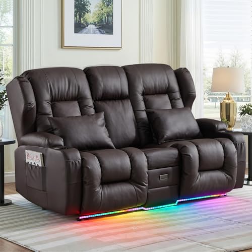 Image of Loveseat Recliner Sofa with Flip-up Console,RV Wall Hugger Recliners with DIY LED Lights,Reclining Loveseat Sofa Recliner with Cup Holders /Lumbar Pillows,RV Furniture,PU Brown,68 inch 2-Seater with Light