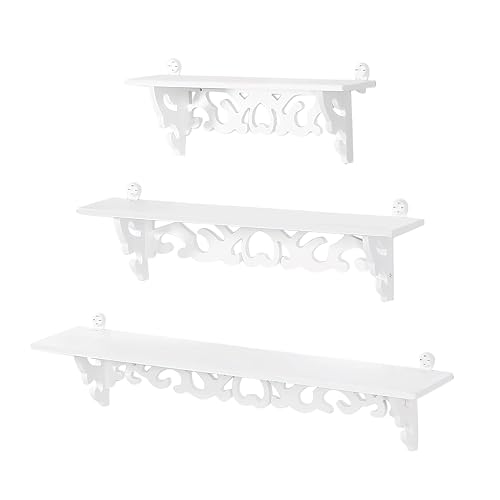 Acouto Étagère Murale D'affichage, Blanc 3 Supports de Rangement Sculptés Décoratifs Flottants Shabby, Installation Facile, Organisateur de Livres pour Chambre à Coucher, Salon, Salle
