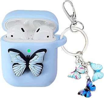for Airpod Case Protective Butterfly Silicone Case Cover Portable & Shockproof Women Girls with Cute Butterfly Keychain for Apple Airpods 2/1 Charging Case Blue