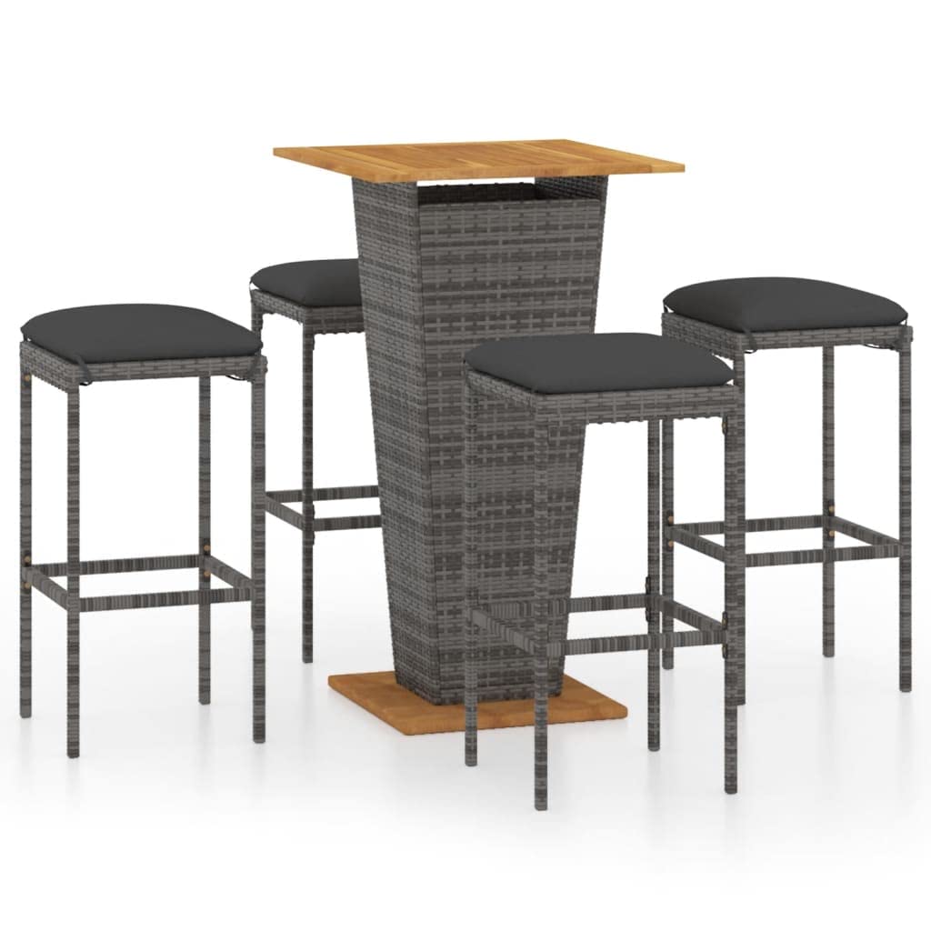 Juego de 5 barras de jardín de ratán gris, mesa de bar de 60 x 60 x 110 cm con tablero de madera de acacia y 4 taburetes de bar, 38 x 38 x 76 cm, incluye cojines para balcón, terraza y jardín