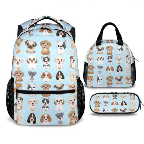 Sharecolor Dog Backpack with Lunch Box Set of 3 School Backpacks Matching Combo Cute Blue Bookbag and Pencil Case Bundle