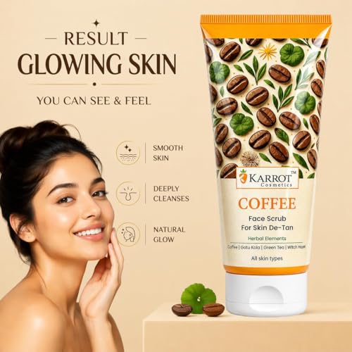 Image of KARROT COSMETICS Coffee Face Scrub for Skin De-Tan & Brightening | Removes Tan, Dead Skin & Blackheads | With Coffee, Gotu Kola, Green Tea & Witch Hazel | Exfoliating Face Scrub for Glowing Skin | 100g.