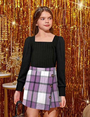 Image of AGAPENG Girl Skirt Sets 3 Piece Outfits Square Neck Jacquard Puff Sleeve Tops Plaid Mini Skirt Shorts Fall Winter Clothes