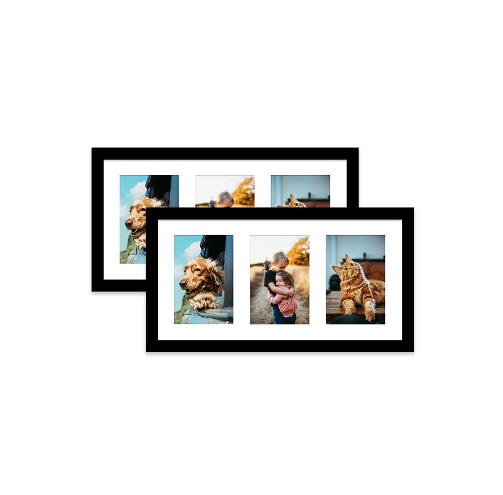 Black Multi Photo Frame - Holds 3 x 6x4 Pictures, Family Collage Picture Frame for Wall Display, 8x16 Panoramic Frame Size, Set of 2