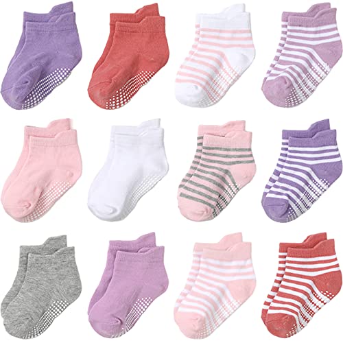 Image of Aroveea Non Slip Grip Ankle Baby Socks 12 Pack for Toddler Boys and Girls Kids,Infant Cute Cotton Baby Socks