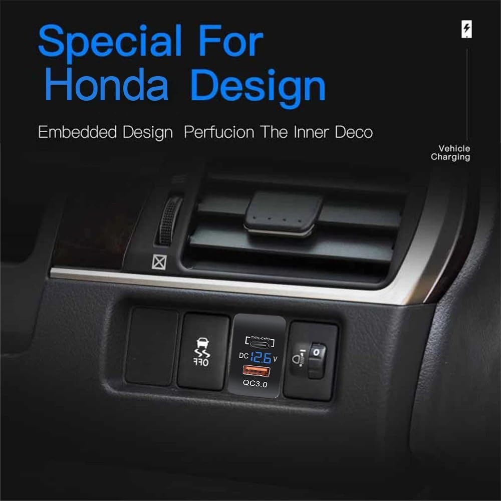 Быстрое зарядное устройство HONDA QC3.0, Розетка питания, 2 порта USB, Панель связи с подключением через USB типа C, Зарядное устройство для смартфона, Источник питания через USB, Отверстие для переключателя, Синий светодиод, Для автомобилей Honda, Одновременное подключение 2 устройств PD типа B, фото 2