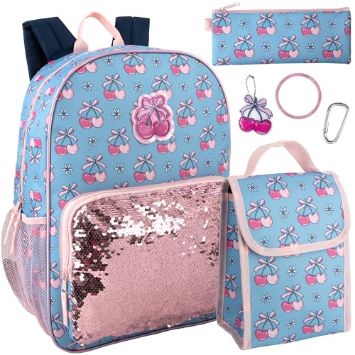 Trail maker 16.5 Inch Girls School Backpack 6 in 1 Set with Lunch Bag, Pencil Case, Keychain, Bracelet, Carabiner Clip Attached (Cherries & Sequins) for Travel, Commute