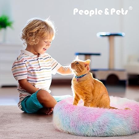 Image of ZEXSAZONE Winter Calming Dog Bed & Cat Bed for Indoor Cats Medium Size Washable Anti-Slip Anti-Anxiety Donut Mat for Small Dogs & Fluffy Plush Cozy Round Dog Bed (Small Rainbow)