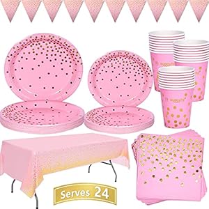 Roze en Gouden Feestservies 99 Stuks Partij Benodigdheden Set Inclusief Papieren Borden Servetten Bekers Tafelkleed…