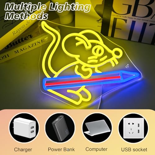 Image of Pencil Neon Sign for Wall Decor Pencil Mouse School Neon Light Back To School Gift Back To School Gift USB Powered Led Light for Classroom Kidroom Dorm Wall Bookshelf Decor 11.8 inch*16.5 inch