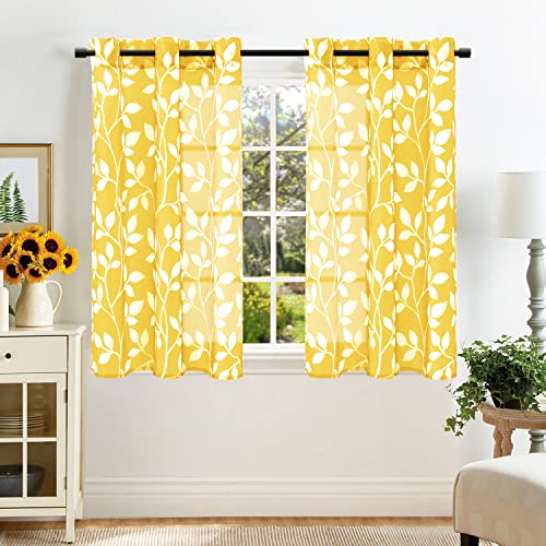 XTMYI Yellow Kitchen Curtains for Window,Decorative Sheer Leaf Spring Floral Pattern Design Small Short Sunflower Curtains for Bathroom Accessories Lemon Decor,36 x 48 Inch Length