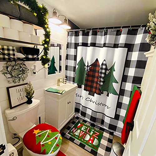 Estmy Buffalo Plaid Vintage Christmas Tree 84 Inch Shower Curtain Sets Extra Long, Christmas Red Plaid Farmhouse Country Winter Holiday Inspired Xmas Bathroom Decorations (72x84, Black and White)